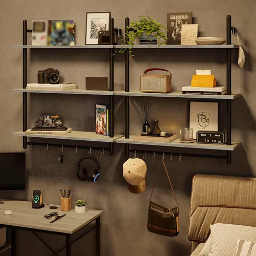 Miniatura 4 de Bestier Estantería Industrial de Tubería de 3 Niveles, Estantes Flotantes para Libros para Pared, Estantes Colgantes de Almacenamiento con Barra Gris