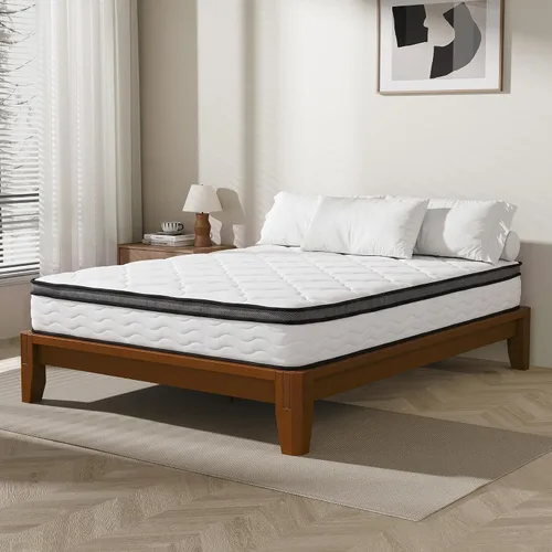 Miniatura 10 de Base de cama de bambú tamaño Queen con colchón de 10 pulgadas, firmeza híbrida media, marco de cama y juego de colchón de carpintería japonesa