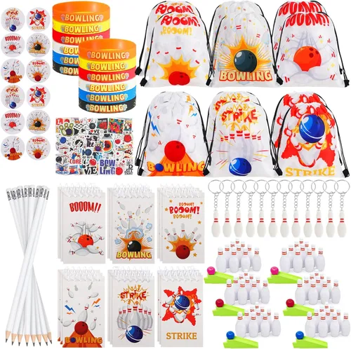 Sweetude 140 piezas de recuerdos de fiesta de cumpleaños de bolos para niños, decoración de fiesta de bolos, bolsa de llavero, bolígrafo,