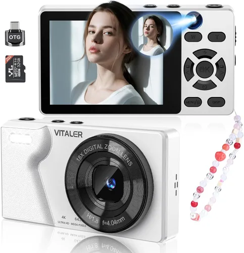 Cámara Digital con Lente Frontal y Trasera, Cámara de Enfoque Automático de 64MP 4K para Fotografía con Tarjeta de 32GB, Cámara Compacta Portátil de
