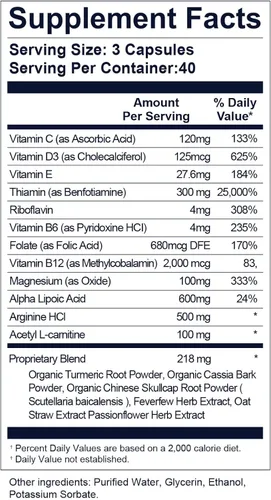 Miniatura 2 de Suplemento de apoyo a la neuropatía – 600 mg de ácido alfa lipoico (ALA) y 10 ingredientes calmantes nerviosos – Fórmula avanzada de alivio nervioso
