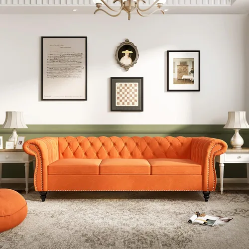 Miniatura 27 de ORRD - Sofá Chesterfield de Terciopelo, Sofá Moderno de Terciopelo con 3 Asientos con Brazos Enrollados y Clavos para Sala de Estar, Dormitorio