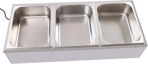 Miniatura 4 de Calentador de alimentos comercial de 3 bandejas, 110 V, 1500 W, mesa de vapor eléctrica de 3.9 in/4 pulgadas de profundidad, 20.6 cuartos de galón