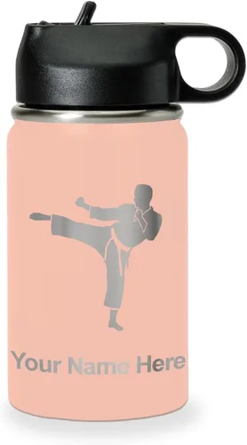 Miniatura 50 de Botella de agua personalizada LaserGram, Karate Man, de acero inoxidable con doble pared aislada al vacío con tapa abatible, regalo personalizado