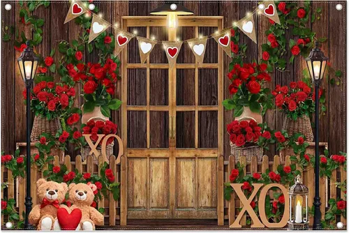 Miniatura 10 de Telón de fondo de fotografía de poliéster para el día de San Valentín, 7 x 5 pies, diseño de rosa roja, fondo de madera, corazón, oso, amor