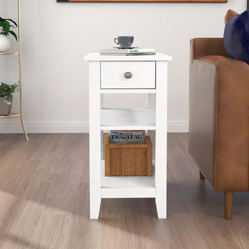 Miniatura 4 de Mesa auxiliar ChooChoo para sala de estar, mesa auxiliar estrecha con cajón y estante, mesa auxiliar de sofá de 3 niveles para espacios pequeños