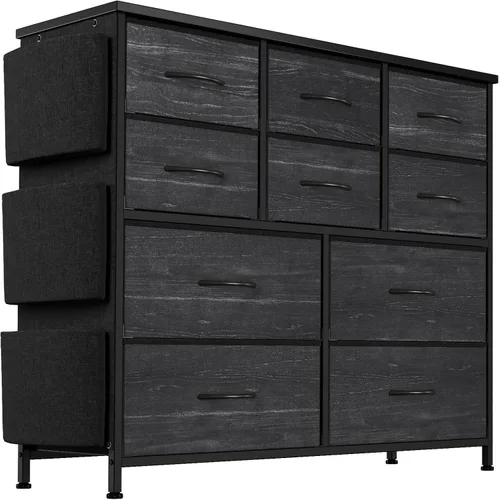 Miniatura 10 de Jojoka Cómoda para dormitorio, cajón de almacenamiento de tela con 10 cajones, aparadores y cómoda con bolsillos laterales, ganchos, mesa de madera