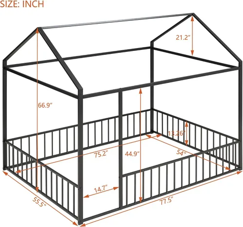 Miniatura 2 de Cama de metal de tamaño matrimonial con valla para niños, adolescentes, niñas, niños, cama de piso de casa, camas Montessori, se puede decorar marco