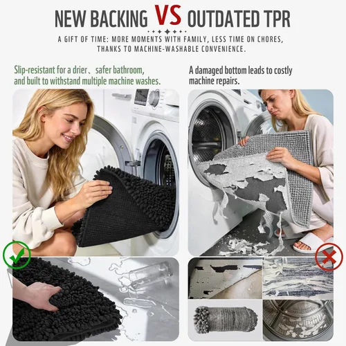 Miniatura 4 de Yimobra Alfombras de Baño Antideslizantes Lavables - Alfombra de Baño de Chenilla Ultra Suave Absorbente, Alfombra Peluda de Secado Rápido para Negro
