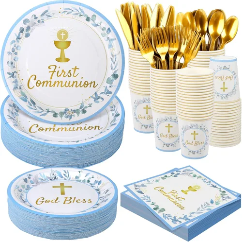 Miniatura 20 de Kochorie 400 piezas de decoraciones de fiesta de feliz cumpleaños, incluyendo platos de papel desechables, vasos, servilletas, juegos de vajilla que
