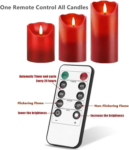 Miniatura 2 de HEIOKEY Juego de 3 velas rojas parpadeantes sin llama, velas que funcionan con pilas con control remoto de 10 teclas, vela eléctrica de pilar