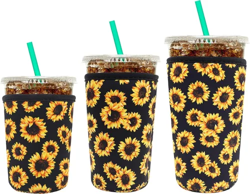 Miniatura 11 de YR Funda aislante de neopreno reutilizable para tazas de café helado, paquete de 3 fundas para bebidas heladas y calientes, enfriador de bebidas