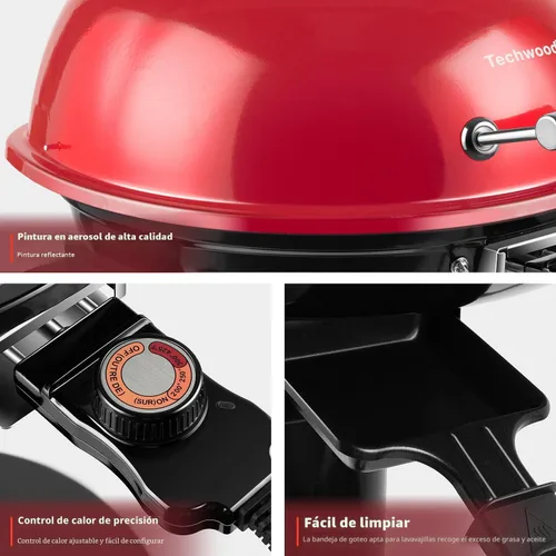 Miniatura 2 de Techwood - Parrilla eléctrica para barbacoa para interiores y exteriores, parrilla portátil extraíble de 1600 W con bandeja ajustable de calor y Rojo