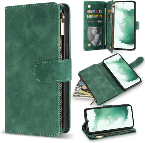 Miniatura 28 de ZZXX Funda para Samsung Galaxy S22 Plus con ranura para tarjeta, piel sintética suave de alta calidad, con cremallera, con correa para la muñeca