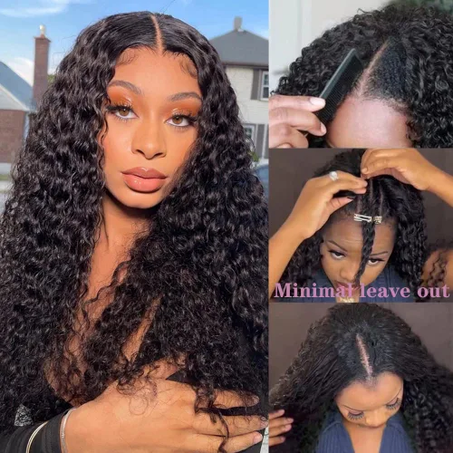Miniatura 3 de ISEE Peluca de 18 pulgadas con parte en V con ondas de agua, cabello humano, sin dejar fuera, pelucas brasileñas sin pegamento con parte en U