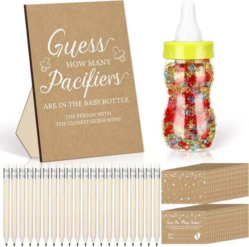 Miniatura 14 de Syhood Greenery Baby Shower Games Guess How Many Pacifiers Sage Game Signal, 50 pequeños juegos de adivinanzas, 20 lápices HB, botella de leche