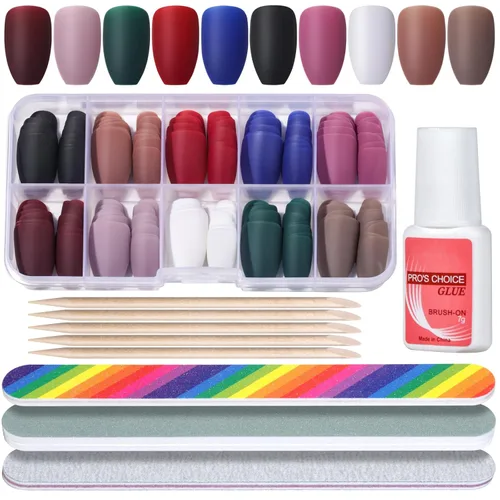 Uñas postizas a presión de longitud media, uñas postizas mate tipo ataúd de cobertura completa, 10 colores sólidos, uñas cortas a presión, 10