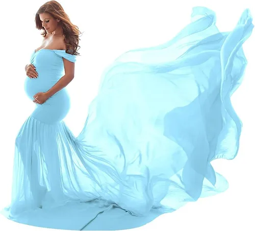 Vestido de maternidad para mujer para fotografía, sirena con hombros descubiertos, ajustado, vestido de gasa, holgado, para baby shower, maxi
