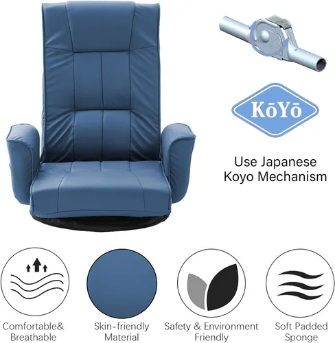 Miniatura 5 de Silla de suelo giratoria de 360° con reposabrazos, tumbona ajustable de 14 posiciones para adultos, asiento acolchado plegable con respaldo para Azul
