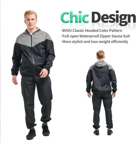 Miniatura 4 de BVVU Traje de sauna para hombre, con cremallera, con capucha, chaqueta de sauna, pantalones, gimnasio, entrenamiento, cuerpo completo