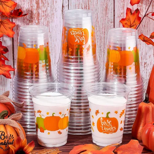 Miniatura 7 de Meanplan 100 vasos de plástico de Acción de Gracias a granel de 12 onzas, vasos desechables de otoño, hojas de calabaza, pavo, vasos transparentes