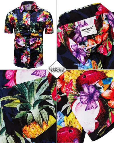 Miniatura 18 de TUNEVUSE Conjunto de camisas y pantalones cortos hawaianos para hombre, 2 piezas, trajes de playa con estampado de flores, traje tropical de verano