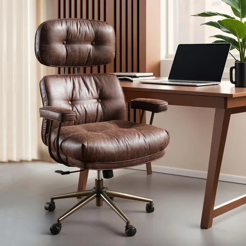 Miniatura 16 de ovios Silla de oficina ergonómica, sillas ejecutivas de piel sintética con respaldo alto y cojín grueso, cómodo sillón giratorio moderno de mediados
