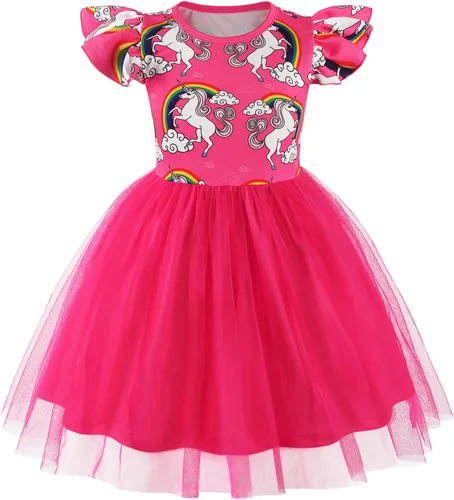 Miniatura 15 de WonderBabe Vestido de tul para niñas pequeñas, traje de unicornio, manga con volantes, ropa de cumpleaños, vacaciones, falda tutú casual de sirena