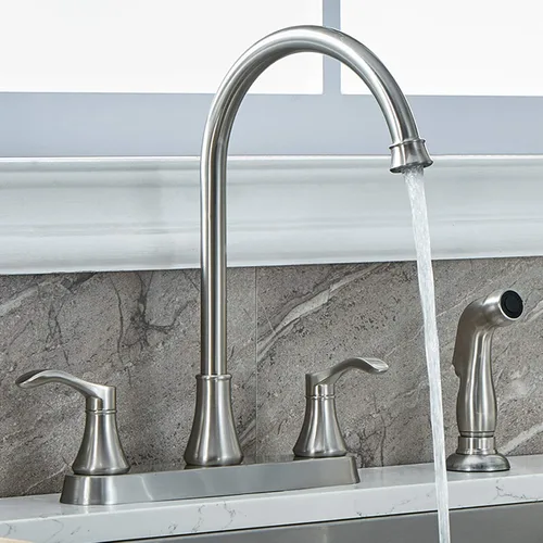 Miniatura 8 de Grifo de cocina de 3 agujeros o 4 agujeros de 2 asas con rociador lateral, grifos de fregadero de cocina de bronce aceitado libres de plomo