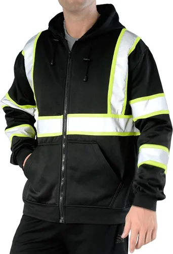 Miniatura 19 de SEsafety Sudadera con capucha con cremallera de alta visibilidad, sudadera de seguridad reflectante clase 3 con parte inferior negra, chaqueta