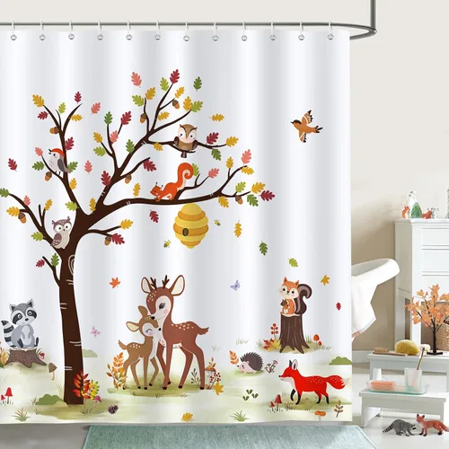 Miniatura 9 de Bonhause Cortina de ducha de otoño, diseño de zorro de ciervo, mapache, cortina de baño de animales otoñales, 72 x 72 pulgadas, cortina de baño