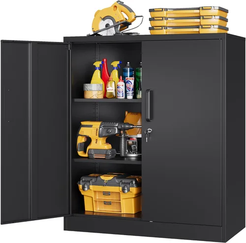 Miniatura 17 de Armario de almacenamiento de metal, archivador alto con 2 estantes ajustables y cajón, gabinete de herramientas de acero con cerradura para oficina