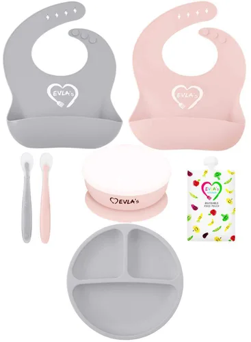 Miniatura 8 de EVLA'S Juego de alimentación para bebés, suministros de destete para bebés, baberos de silicona ajustables, plato dividido, cuenco de succión