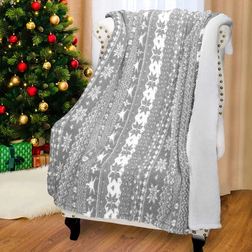 Miniatura 6 de Manta de sherpa gris, súper suave, cálida, cómoda, con copos de nieve, manta reversible esponjosa, manta temática de vacaciones (50 x 60 pulgadas)