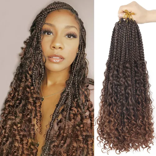 Miniatura 32 de Goddess Box Braids - Trenzas de cabello a ganchillo con extremos rizados, trenzas de caja bohemianas de 16 pulgadas, trenzas de ganchillo, 8 1B-4-30