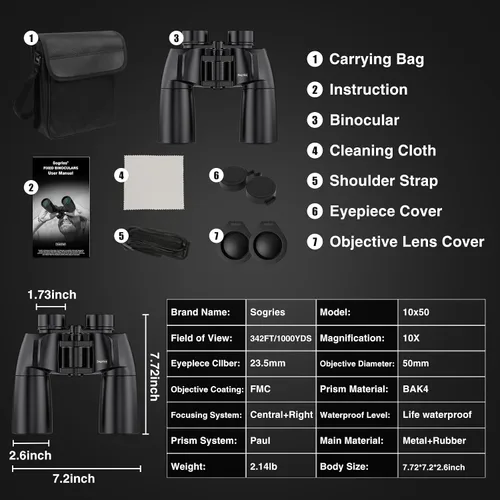 Miniatura 9 de Sogries Prismáticos de 10 x 50 para adultos, prismáticos de alta potencia para observación de aves de larga distancia, IPX7, impermeable, totalmente