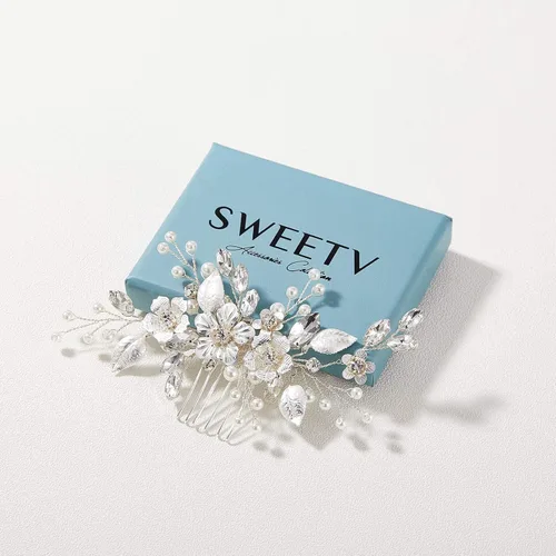 Miniatura 5 de SWEETV Peine de pelo de novia plateado para accesorios de cabello de boda, hecho a mano con cristales, perlas y hojas, 4.72 x 2.75 pulgadas