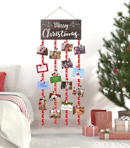Miniatura 6 de Soporte de Exhibición para Tarjetas de Navidad, Decoración de Pared de Navidad, Marco de Fotos de Navidad de Madera con 30 Clips para Colgar Fotos