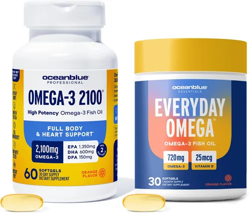 Oceanblue Paquete de Omega-3 – 2100 Triple Fuerza 180ct + Essentials Everyday Omega Minis 60ct – EPA de alta potencia, DHA, DPA con vitamina D3 –
