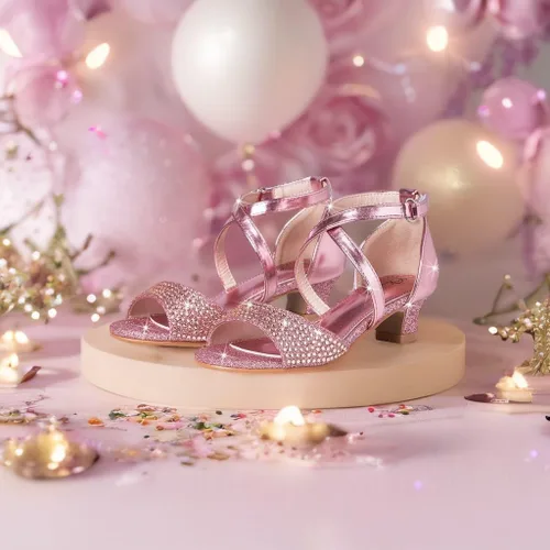 Miniatura 5 de Chumchoi Sandalias para niñas con diamantes de imitación, tacón bajo, correa de tobillo, vestido de tacón alto, boda, fiesta, para niños pequeños