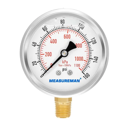 Miniatura 17 de MEASUREMAN - Manómetro de presión 1/4 NPT, manómetro de presión lleno de glicerina 0-100psi/kPa con esfera de 2.5 pulgadas y caja de acero