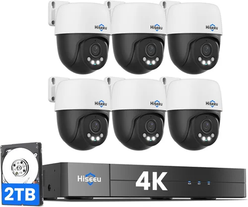 【4K HD + vista de 360°】 Sistema de cámara de seguridad Hiseeu 4K PoE, 6 cámaras de seguridad con cable PTZ de 8MP para exteriores e interiores,