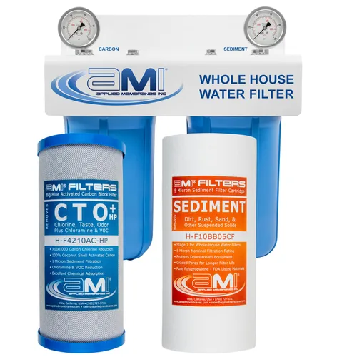 Applied Membranes Inc. Sistema de filtro de agua para toda la casa de 2 etapas, cartuchos de filtro de carbono y sedimentos de 4.5x10 pulgadas