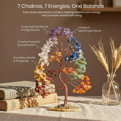 Miniatura 4 de Crocon® Árbol de la vida de 7 chakras, sabiduría espiritual, base de rodajas de ágata, árbol de cristal hecho a mano para energía positiva