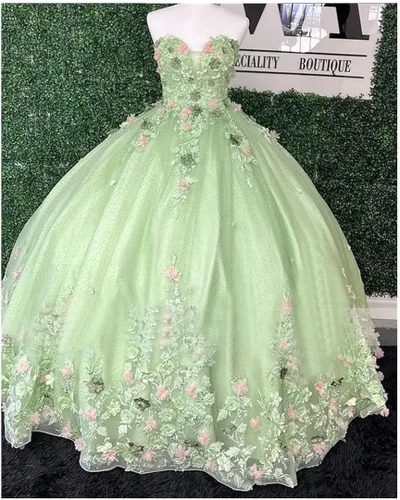 Miniatura 4 de XYAYE Vestidos de quinceañera de novia para mujer, vestidos de baile de flores en 3D, vestido de fiesta de encaje, sin tirantes, de tul dulce 15 16
