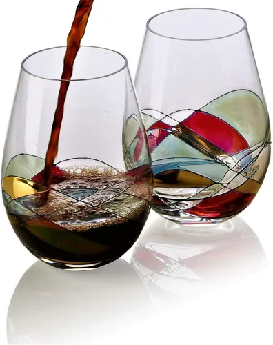 Bezrat Juego de dos copas de vino sin tallo, pintadas a mano, grandes copas de vino tinto y blanco de primera calidad, cristal sin plomo, regalo de