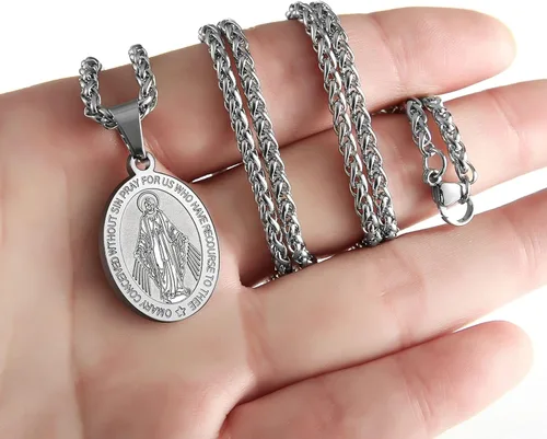 Miniatura 3 de RS Collar de Virgen María para hombre medalla milagrosa de acero inoxidable colgante de María de la Virgen medallón de María dije de Santa María