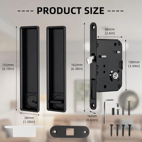 Miniatura 2 de Juego de herrajes para cerradura de puerta de bolsillo, manija de privacidad con tirador oculto y pestillo empotrado, apto para puertas de madera