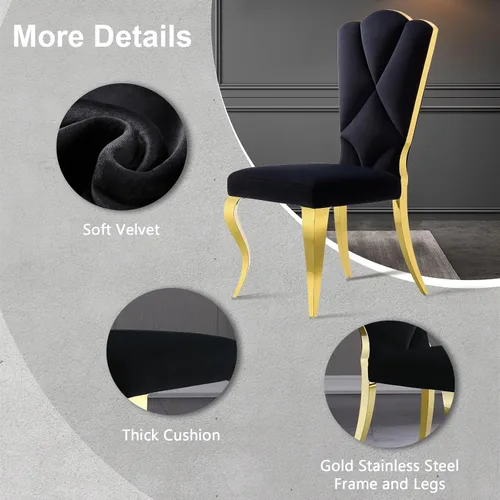 Miniatura 4 de Juego de 2 sillas de comedor de terciopelo negro y dorado, sillas de cocina tapizadas con respaldo alto con patas de acero inoxidable pulido, sillas