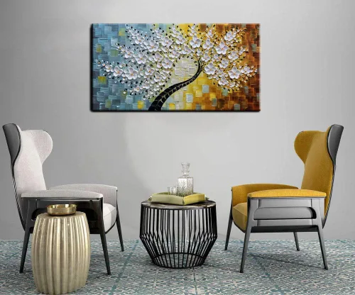 Miniatura 2 de YaSheng Art - Pintura al óleo de arte contemporánea hecha a mano de flores blancas en lienzo con textura 3D, pinturas de árbol abstractas